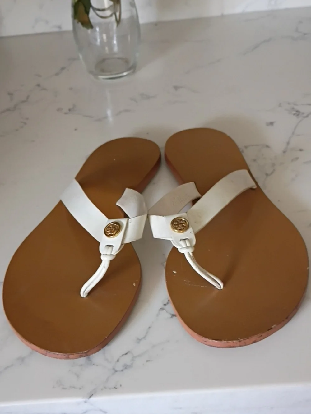 Tory Burch White Leather Thong Sandals with Gold Accent - Women